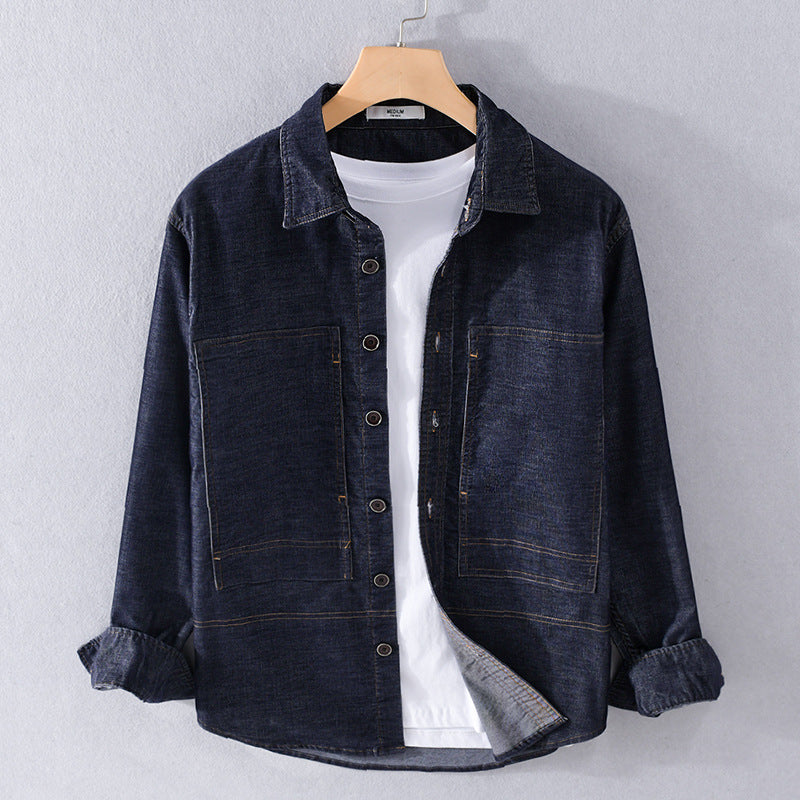 Herr Strukturerad Denim Twill Överskjortejacka med Large Utanpåfickor
