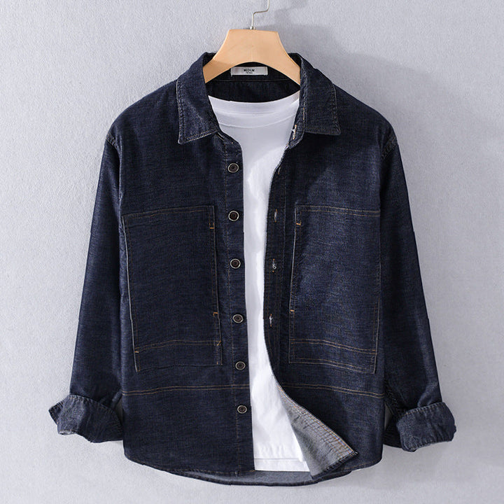Herr Strukturerad Denim Twill Överskjortejacka med Large Utanpåfickor