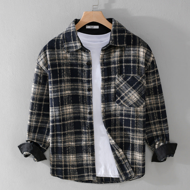 Herr Rutig Overshirt Tillverkad av Teddy Fleece med A Stitched Bröstficka och Dold Knappslå