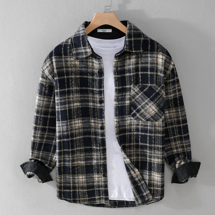 Herr Rutig Overshirt Tillverkad av Teddy Fleece med A Stitched Bröstficka och Dold Knappslå