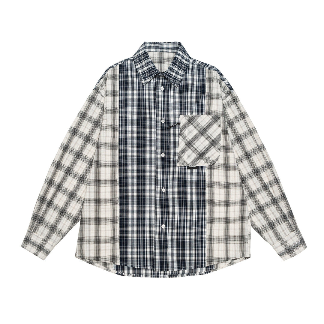 Unisex Oversized Skjorta Jacka med Patchwork Rutigt Mönster och Rounded Fåll