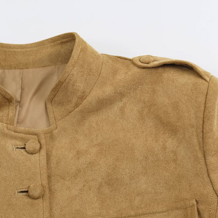 Dam Skräddarsydd Velour Jacka i Field Stil med Ståkrage och Bröst Flaps