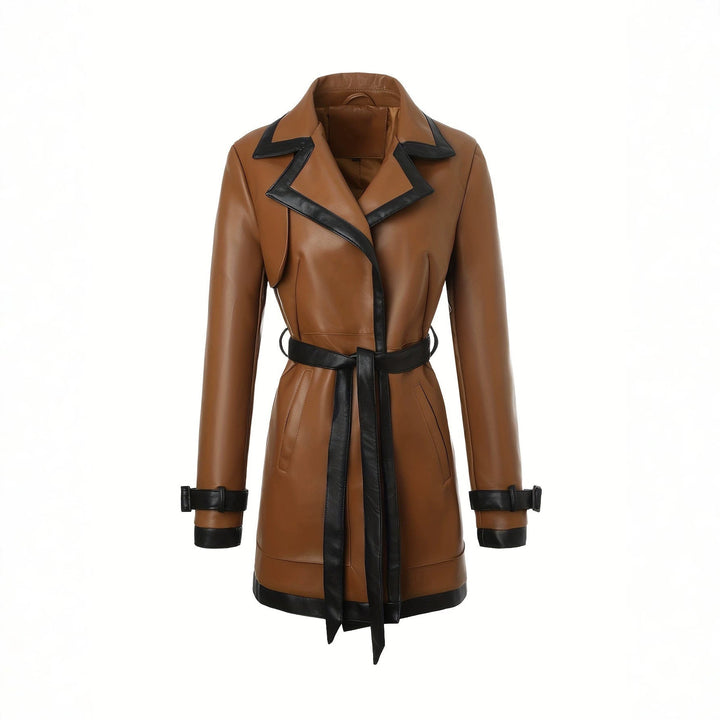 Dam figurnära konstläder trenchcoat med kontrast trim och knytband