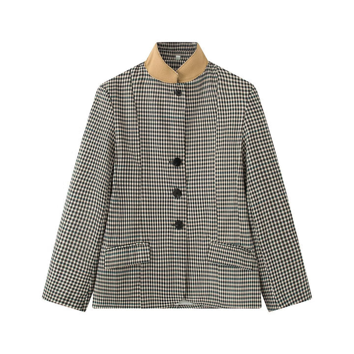 Dam Kort Rutig Boxig Blazer med Stå Krage och Lock Fickor