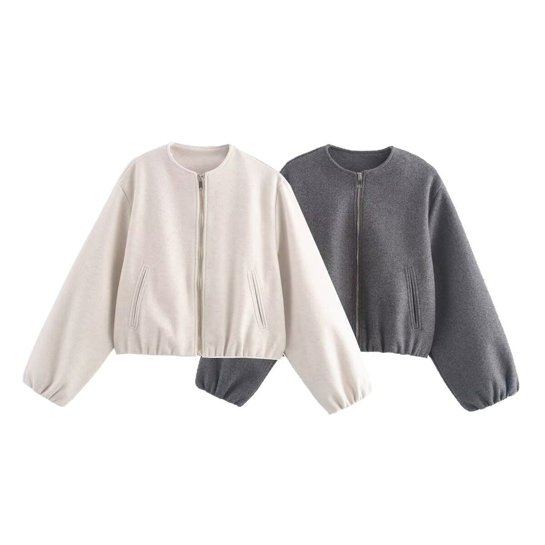 Dam Kort Ull Look Kort Jacka med Dragkedja, Round Neck och Balloon Ärmar