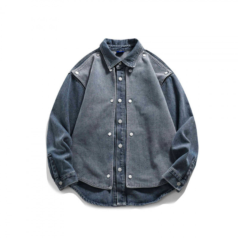 Herr boxig Jeans Workshirt med Tryckknapp Knäppslå, Raglan Ärmar, och Rounded Fåll