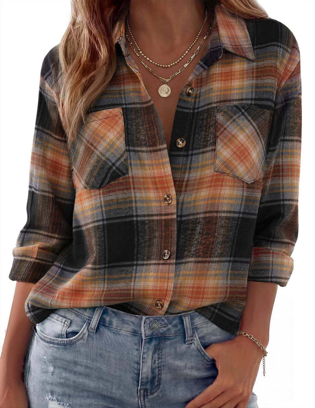 Dam Rutig Oversized Flanell Skjorta Jacka med Bröst Fickor