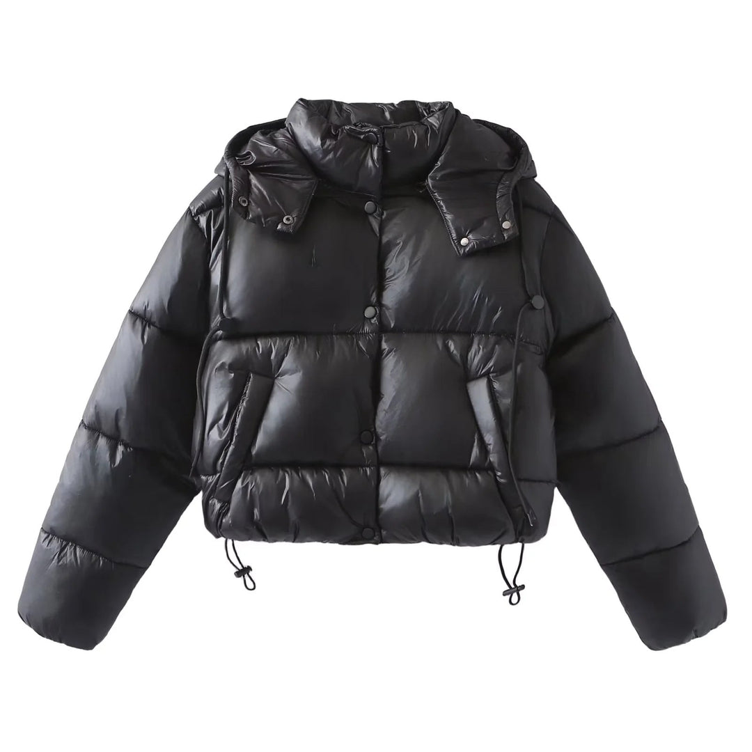 Dam oversized vadderad kort jacka med detachable huva, high ståkrage, och drawstring fåll