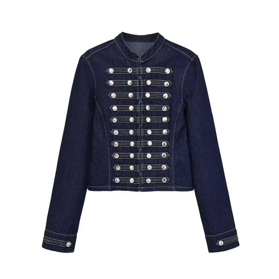 Dam denimjacka in military stil med row knappar och ståkrage