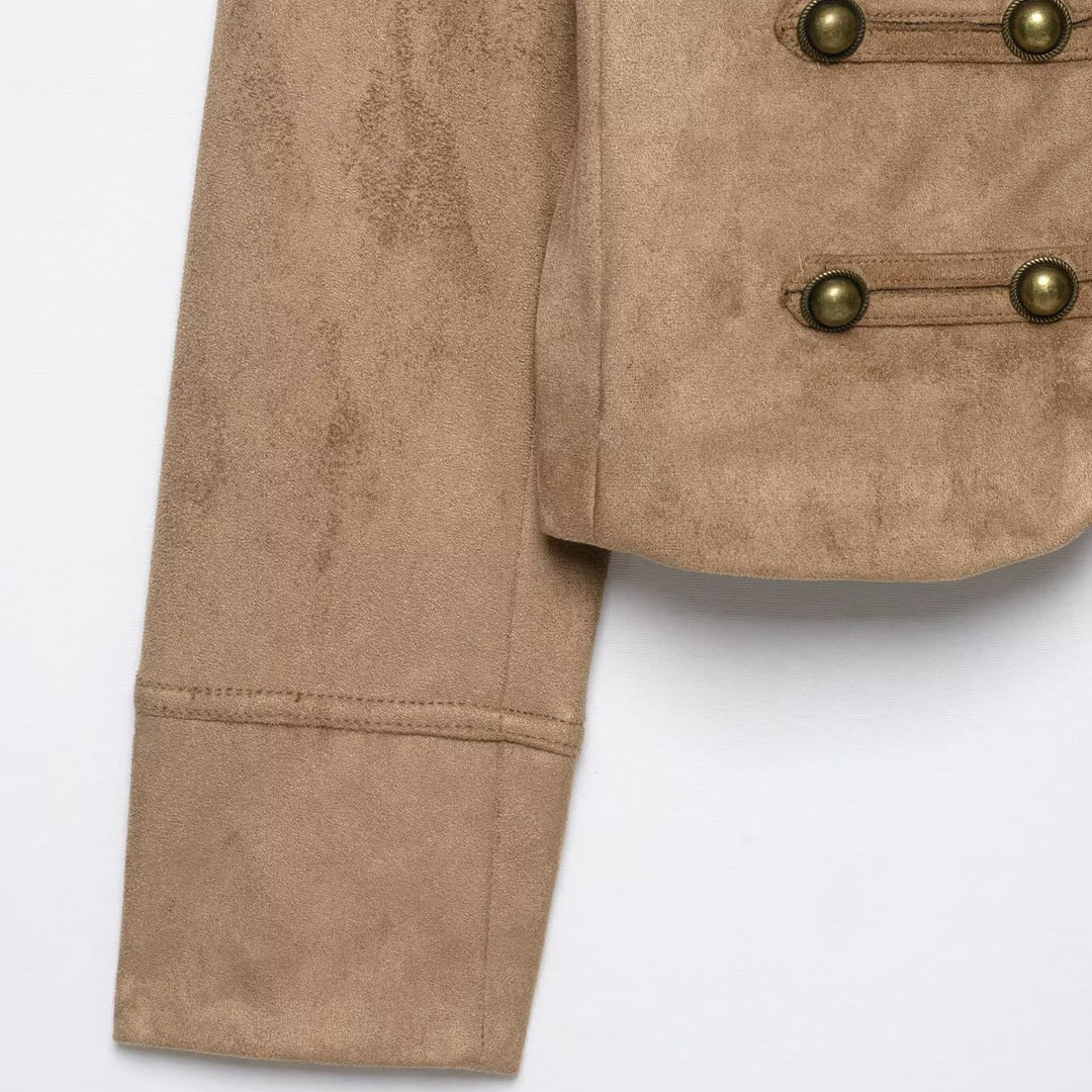 Dam Kort Jacka i Militär Stil med Ståkrage och Decorative Knapp Detail