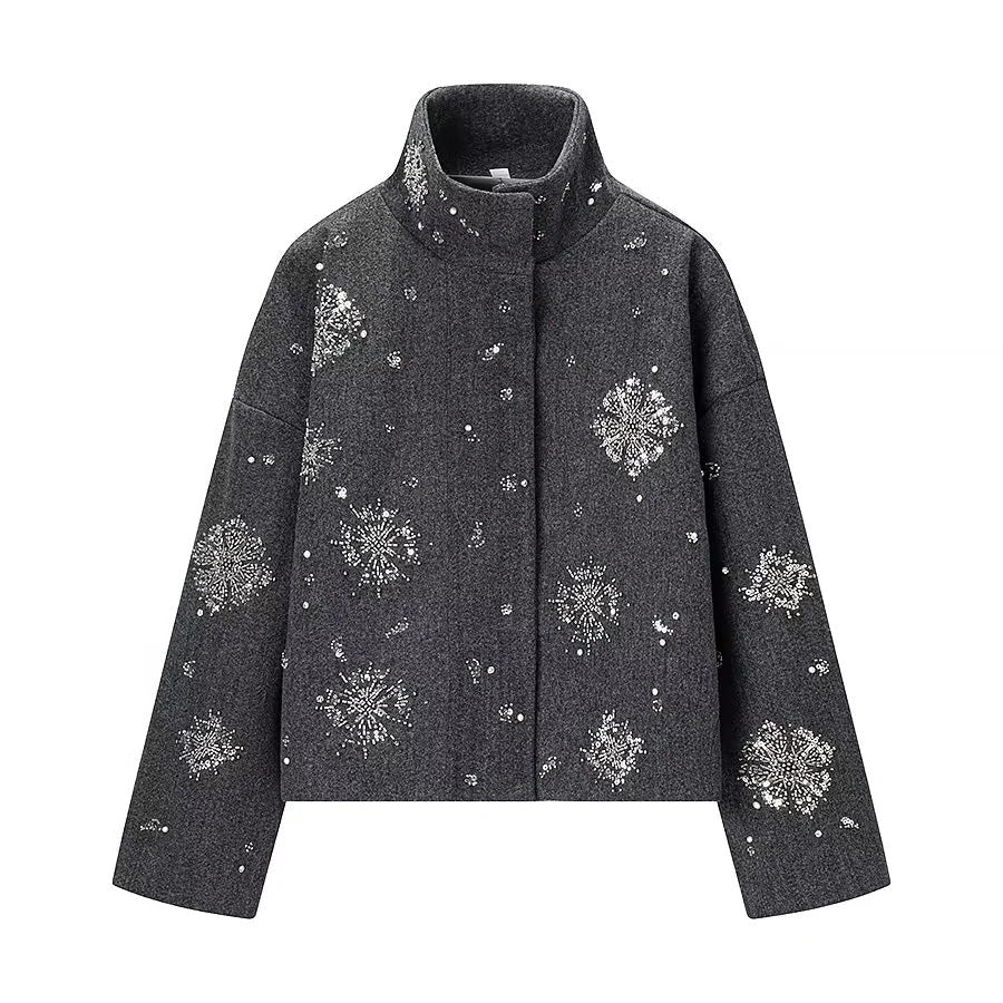 Dam boxy kort jacka med high ståkrage och sparkling bead och sequin embroidery