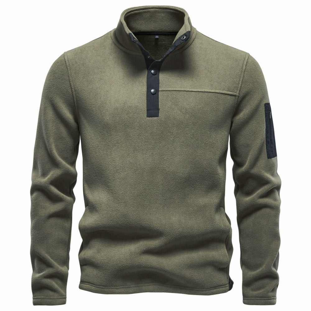 Herr Fleece Pullover med Ståkrage, Tryckknappsslå, och Ärmficka