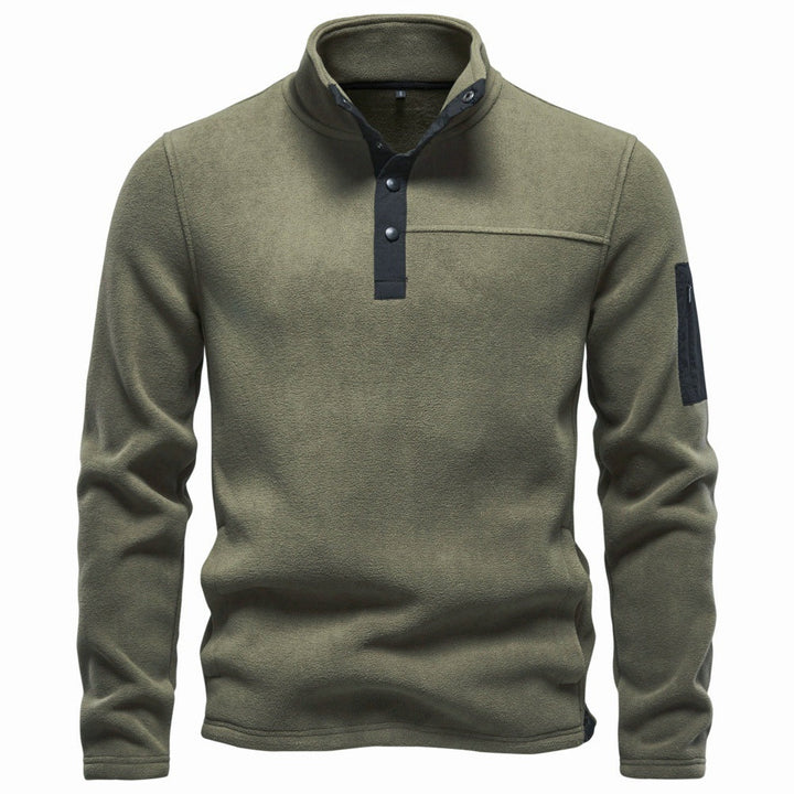 Herr Fleece Pullover med Ståkrage, Tryckknappsslå, och Ärmficka