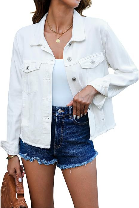 Dam kort denimjacka med fringe fåll och patched bröstfickor