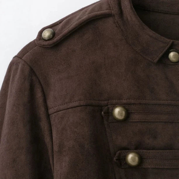 Dam Military Jacka Tillverkad av Suede Imitation med Stå Krage och Flounce