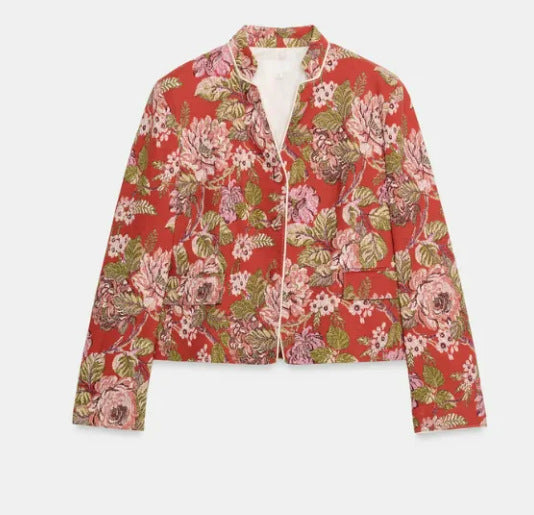 Dam Kort Jacquard Blouson med Mandarin Krage och Blommig Brocade Structure