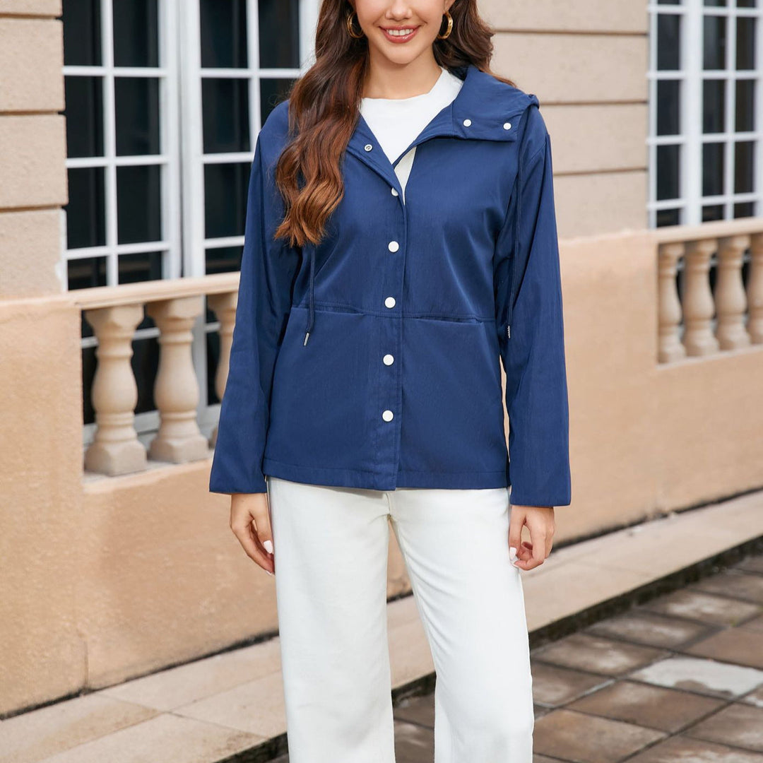 Dam vattenavvisande Hooded jacka med Snap Front, Drawstring och fickor