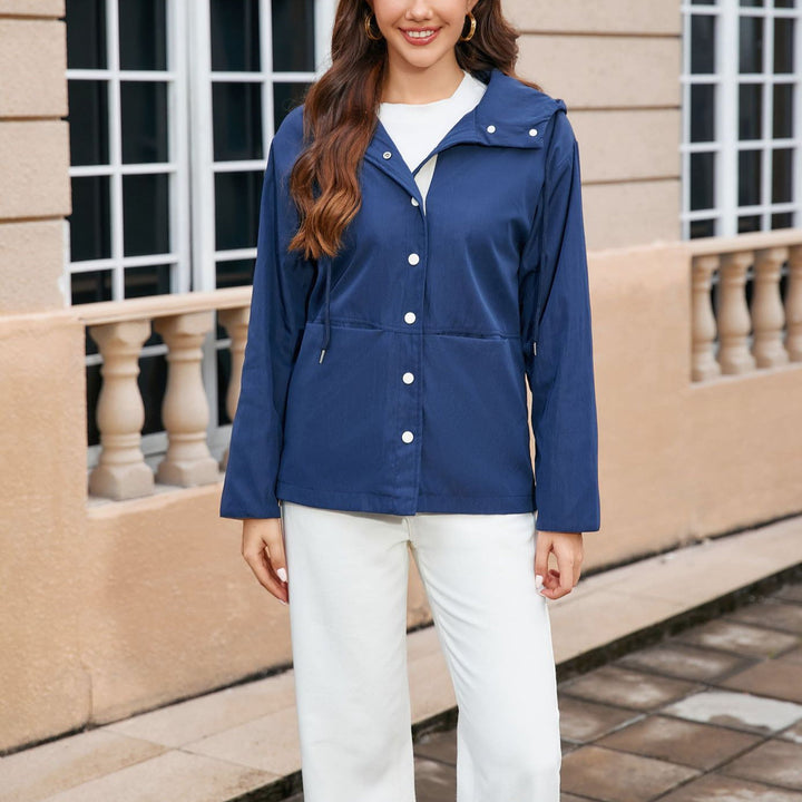 Dam vattenavvisande Hooded jacka med Snap Front, Drawstring och fickor