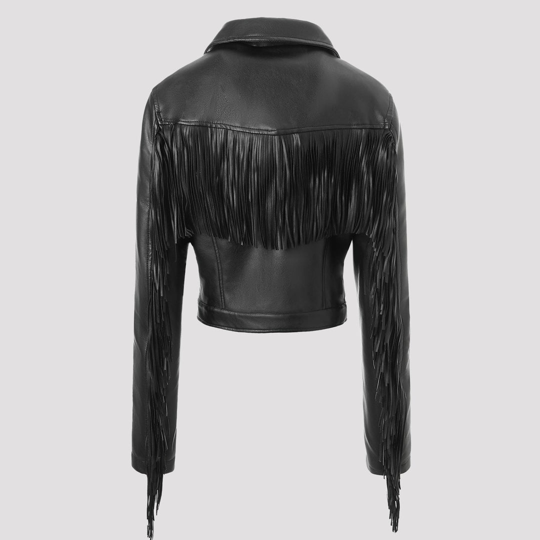 Dam kort motorcycle jacka in läderlook med fringe ärmar och asymmetrisk dragkedja