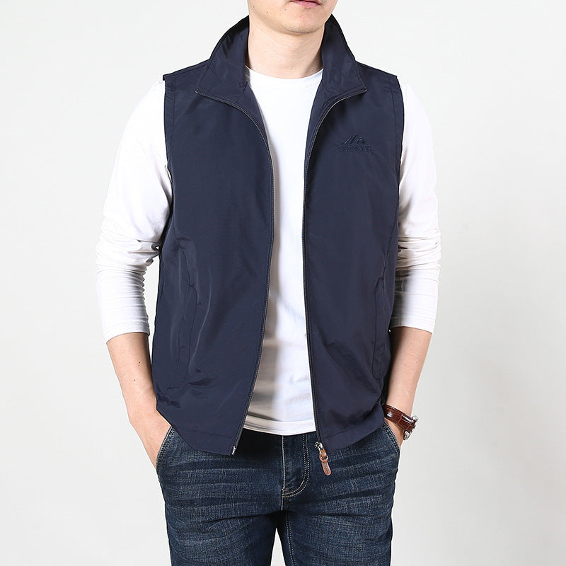 Herr Sleeveless Utility Väst med Ståkrage, Dragkedja och Fickor