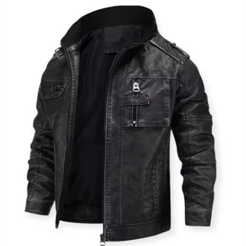 Herr vintage-inspired bikerjacka i läderlook med funktion fickor och ståkrage