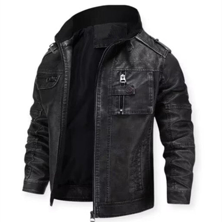 Herr vintage-inspired bikerjacka i läderlook med funktion fickor och ståkrage
