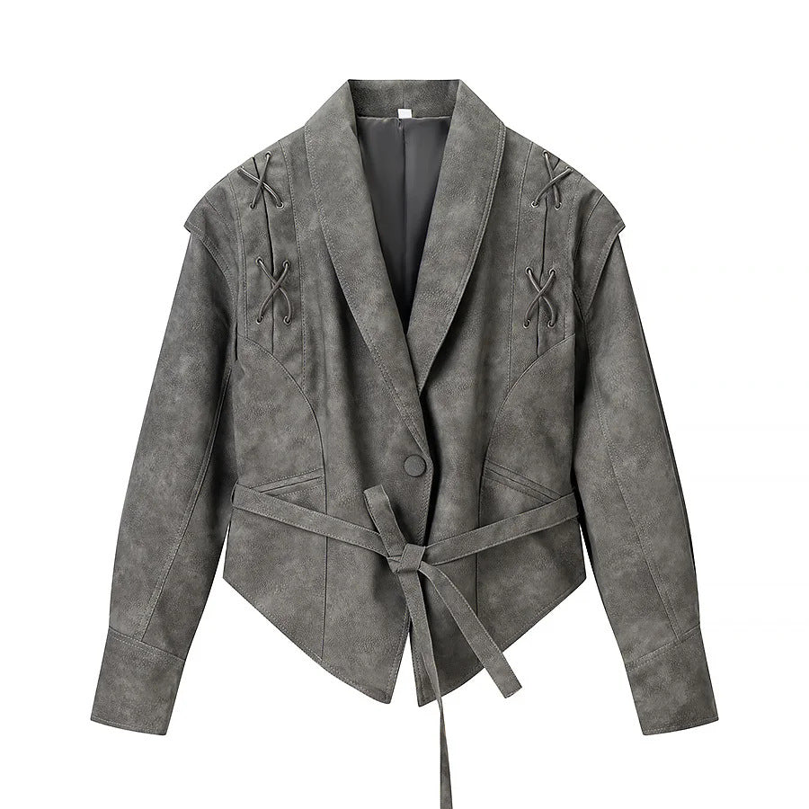 Dam kort jacka velour look med sjalkrage, midjebälte och lacing detail