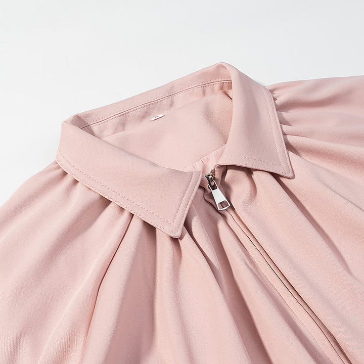 Dam Kort Blouson med Pleats, Dragkedja och Balloon Ärmar