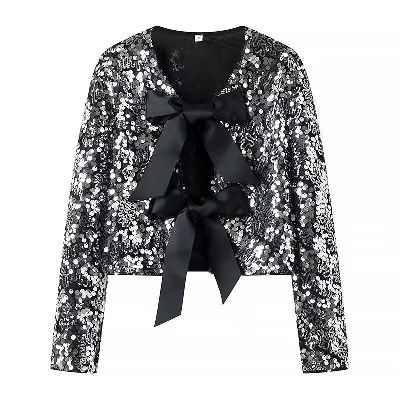 Dam kort jacka med Sequin Trim och dekorativ Bow fram