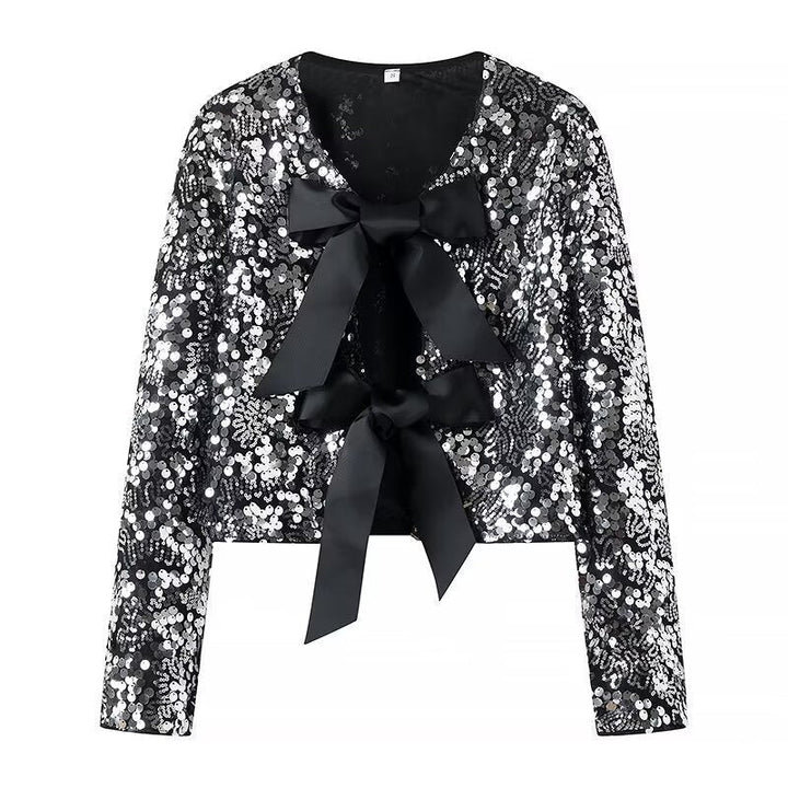 Dam kort jacka med Sequin Trim och dekorativ Bow fram