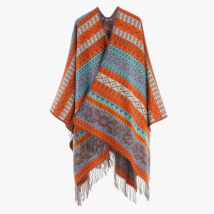 Dam Cape-poncho med multicolored Jacquard, öppen front och fransfåll
