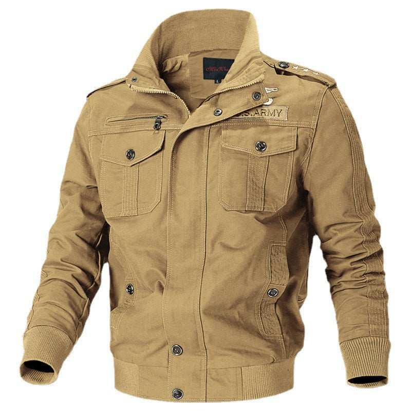 Herr Canvas Pilot Jacka med Axel Piping, Dragkedja Knapplist och Utility Lock Fickor