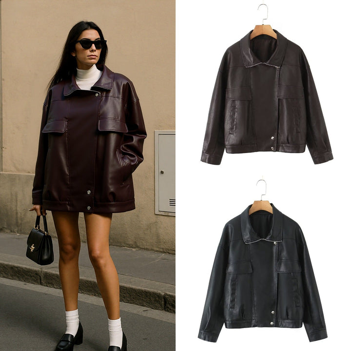 Dam Oversized Konstläder Blouson Jacka med Asymmetric Dragkedja och Lockfickor