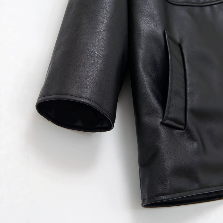 Dam Collarless Oversize Jacka i Konstläder med Round Neckline