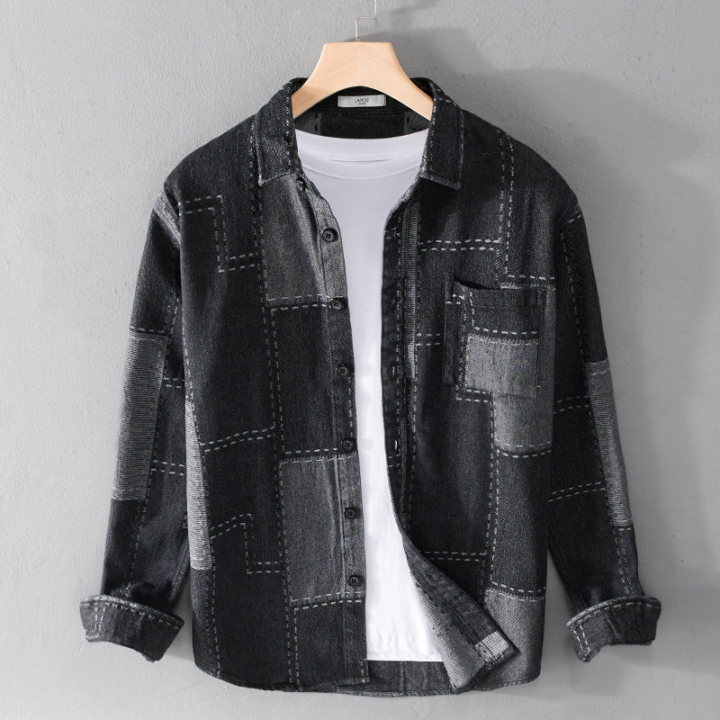 Herr Patchwork Skjortjacka Tillverkad av Texturerad Denim med Synlig Sömmar och Bröstficka