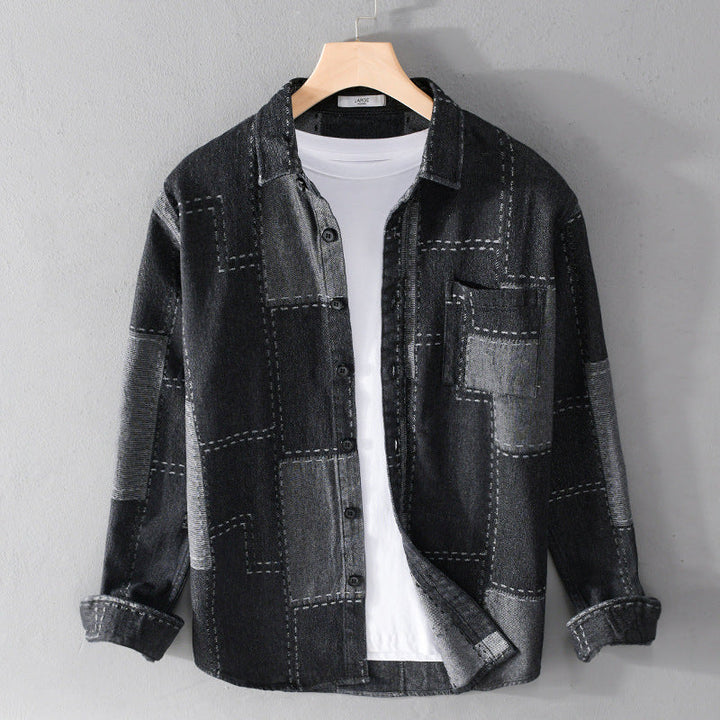 Herr Patchwork Skjortjacka Tillverkad av Texturerad Denim med Synlig Sömmar och Bröstficka