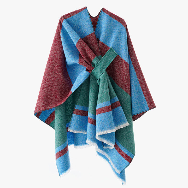 Dam oversized capeponcho tillverkad av ullblandning med tie loop och randig border