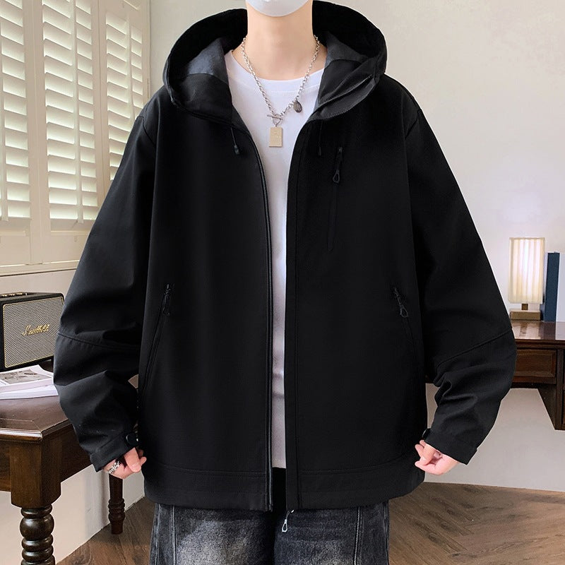 Herr Boxig med Huva Softshell Jacka med Concealed Dragkedja, Multifunctional Fickor med Dragkedja &amp; Oversized Skärning
