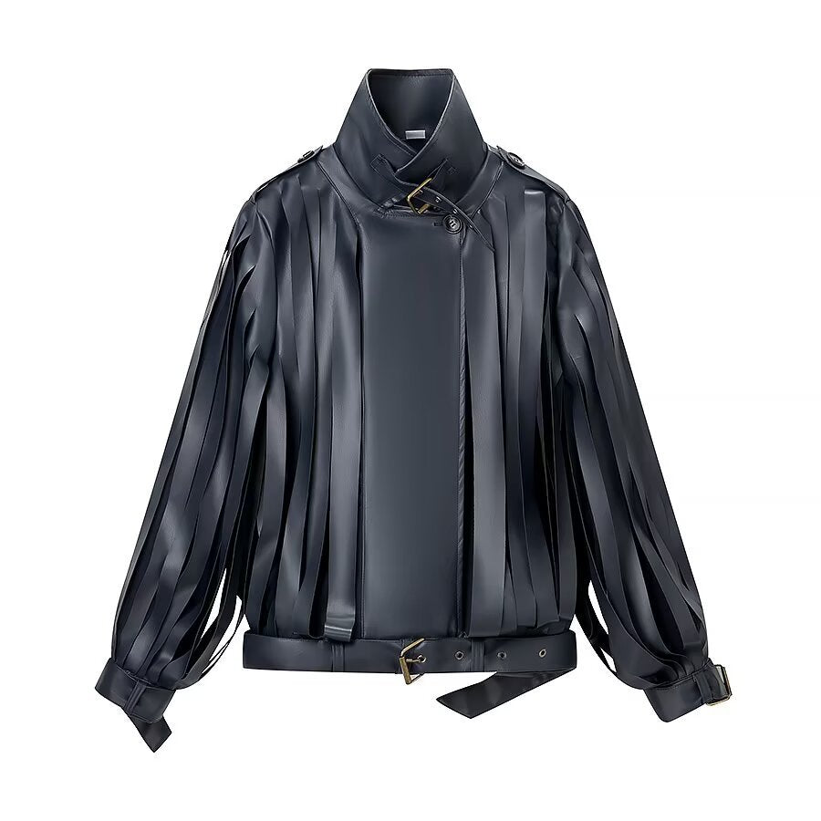 Dam konstläder Fringe Blouson med ståkrage och midjebälte