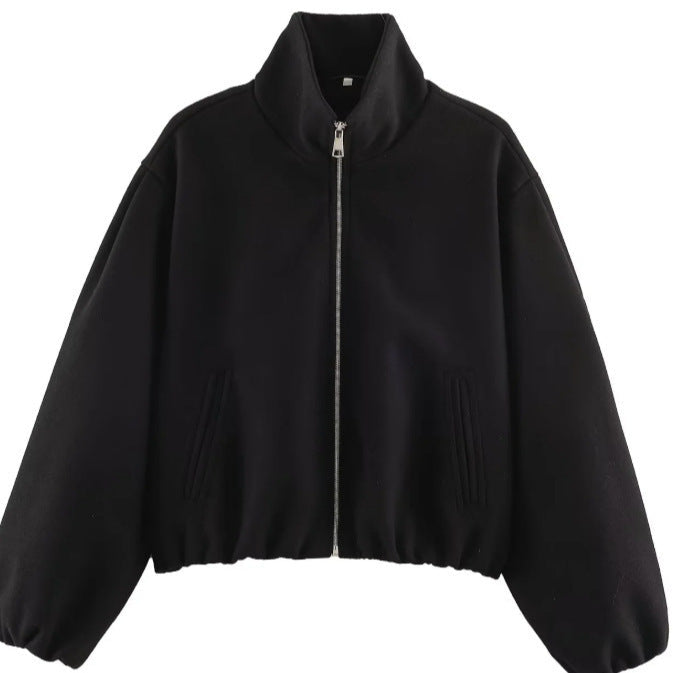 Dam Kort Skärning Bouclé Blouson Jacka med Stå Krage, Elastic Nederkant och Balloon Ärmar