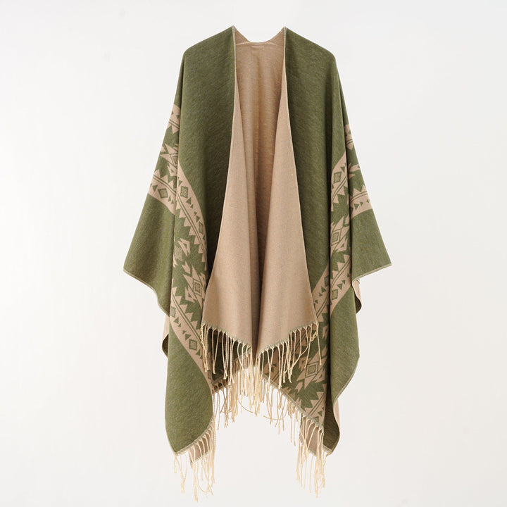 Dam Oversize poncho med Fringes och Jacquard mönster