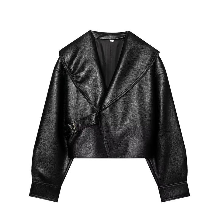 Dam Kort Jacka i Läderlook med Stora Shawl Krage, Wrap Belt och Textured Surface