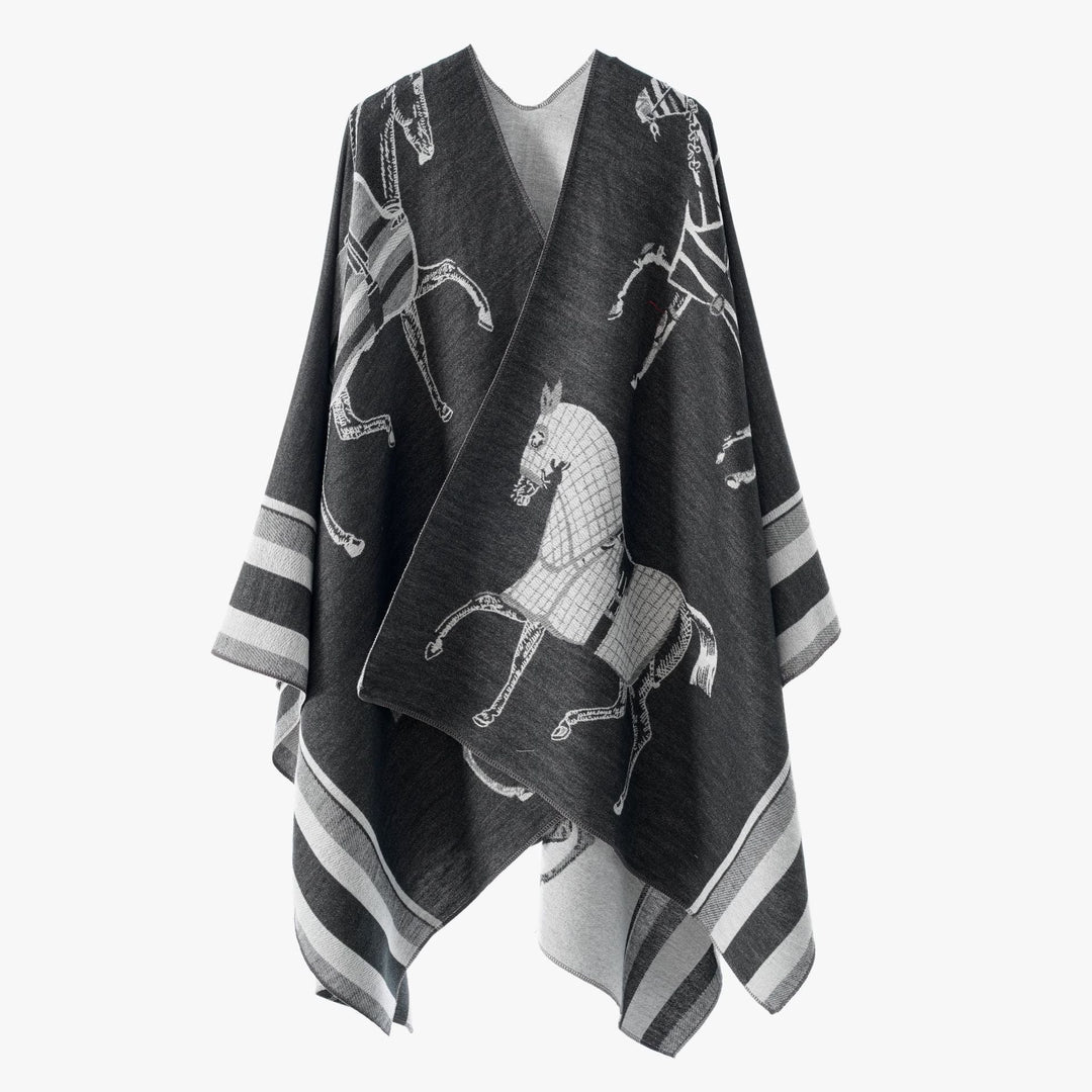 Dam Jacquard Poncho Wrap med Horse Motif och Boxig Kimono Silhuett