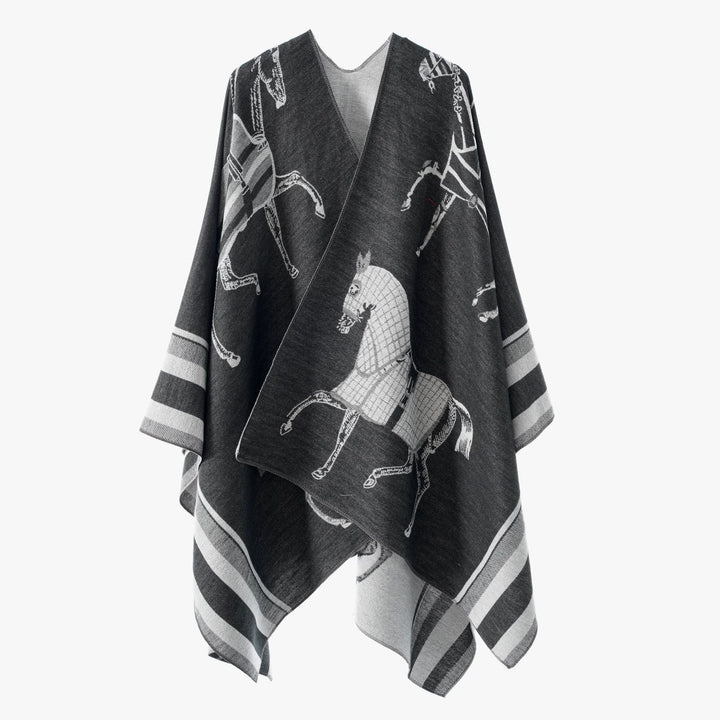 Dam Jacquard Poncho Wrap med Horse Motif och Boxig Kimono Silhuett