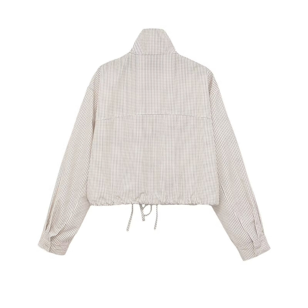 Dam Checked Kort Jacka med Stå Krage, Drawstring och Dold Dragkedja