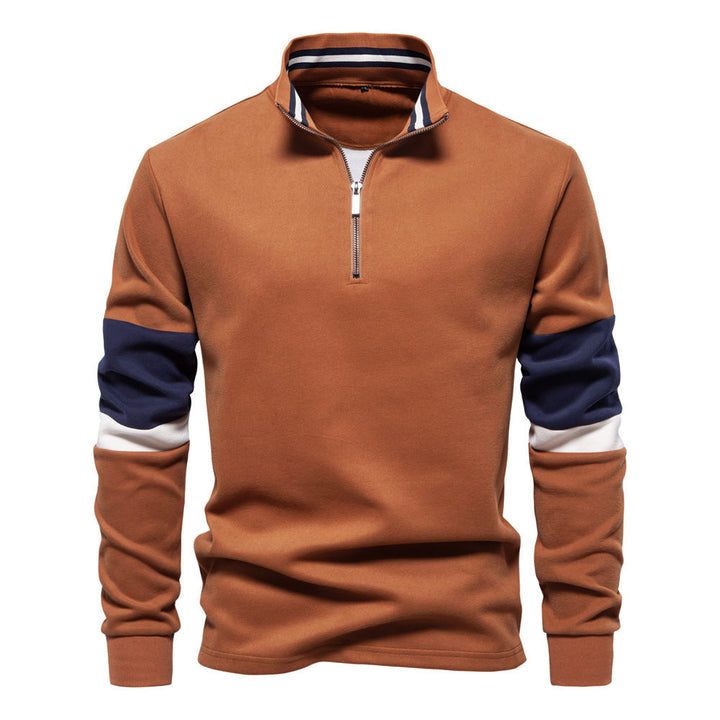 Herr Halv Dragkedja Pullover med Ståkrage, Randig Krage Inner Band och Contrast Ärmar