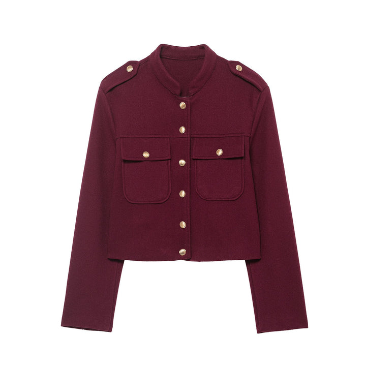 Dam Kort Skärning Militär Inspired Ull Jacka med Ståkrage, Epaulettes och Guld Knapp Detaljer