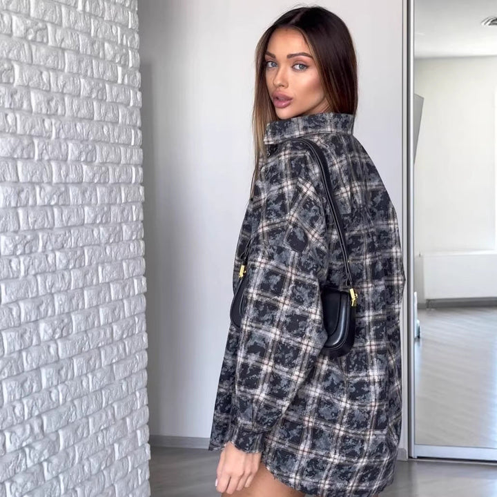 Dam oversize Checked Shacket-skjortjacka med stängning med tryckknappar och Rounded fåll