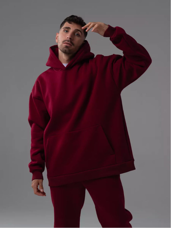 Herr Kraftig Fleece Boxig Luvtröja med Deep Axel Drop Reinforced Huva och Känguruficka
