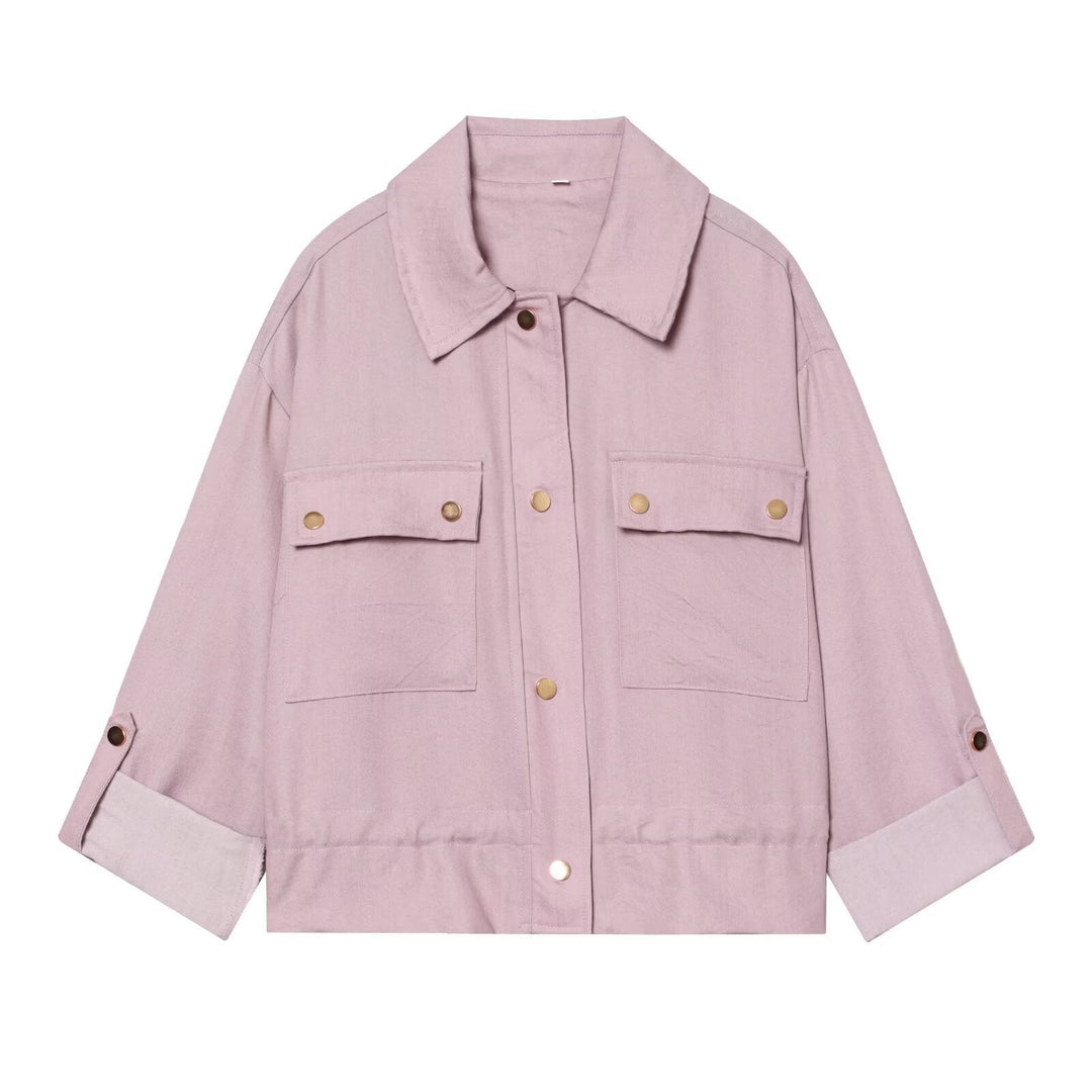 Dam Oversize Workwear Skjortjacka med Applied Tryckknapp Knapp Fickor